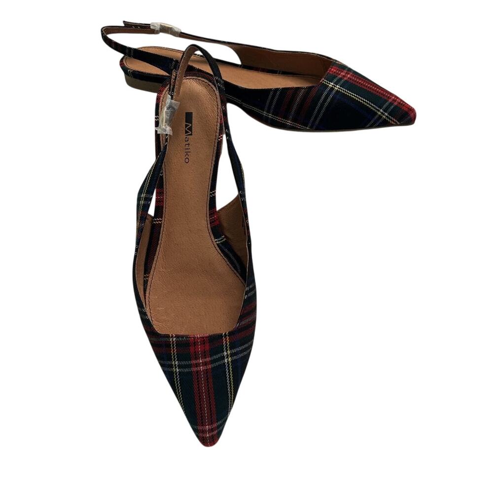 NIB Matiko Green Tartan Plaid Sling Back Pointed Toe Flat Size 10/ EU 41